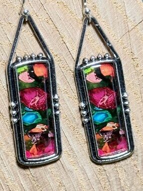 Retro Bohemian Multicolor Resin Silver Tone Rectangle Drop Earrings Jewelry NWT